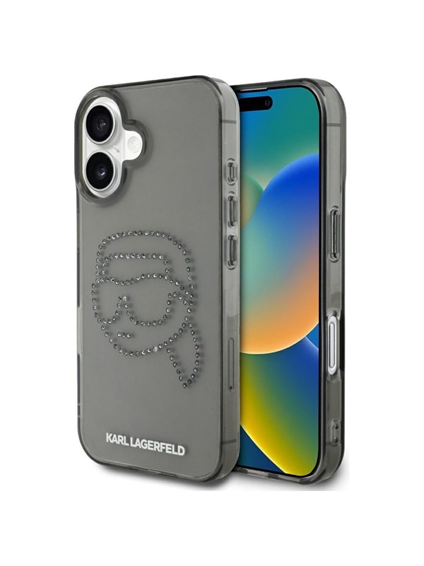 Hülle für Apple iPhone 16, Karl Lagerfeld, IML Rhinestones Karl's Head, Schwarz