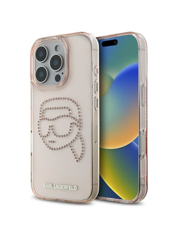 Hülle für Apple iPhone 16 Pro, Karl Lagerfeld, IML Rhinestones Karl's Head, Rosa