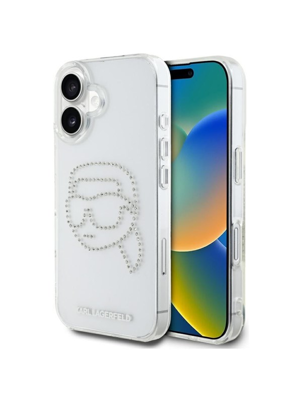 Hülle für Apple iPhone 16, Karl Lagerfeld, IML Rhinestones Karl's Head, Transparent