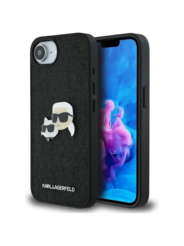 Karl Lagerfeld Fixed Glitter KarlChoupette Heads Metal Pin iPhone 16e Case - Black