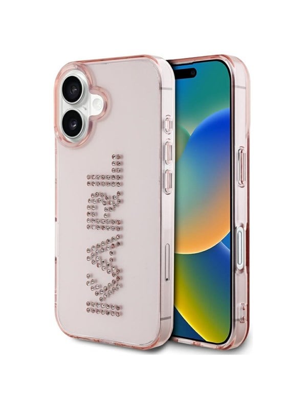 Hülle für Apple iPhone 16, Karl Lagerfeld, IML Rhinestones Pink Logo, Rosa