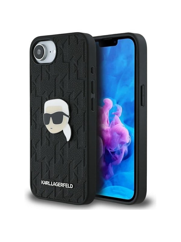 Hülle für Apple iPhone 17e / 16e, Karl Lagerfeld, Monogram Karl's Head, Schwarz