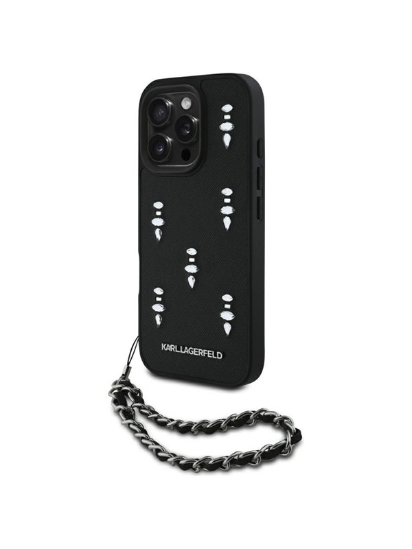 Hülle für Apple iPhone 16 Pro, Karl Lagerfeld, Saffiano Crystals & Charm, Schwarz