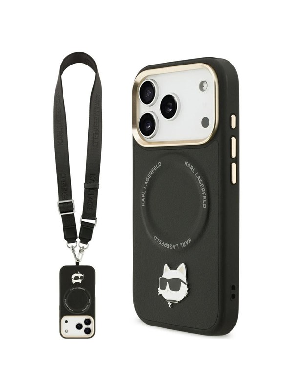 MagSafe Hülle für Apple iPhone 17 Pro Max, Karl Lagerfeld, Big Strap Choupette Metal Logo, Schwarz