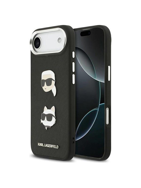 Hülle für Apple iPhone 17 Air, Karl Lagerfeld, Grained Karl & Choupette's Heads Pins and Logo, Schwarz