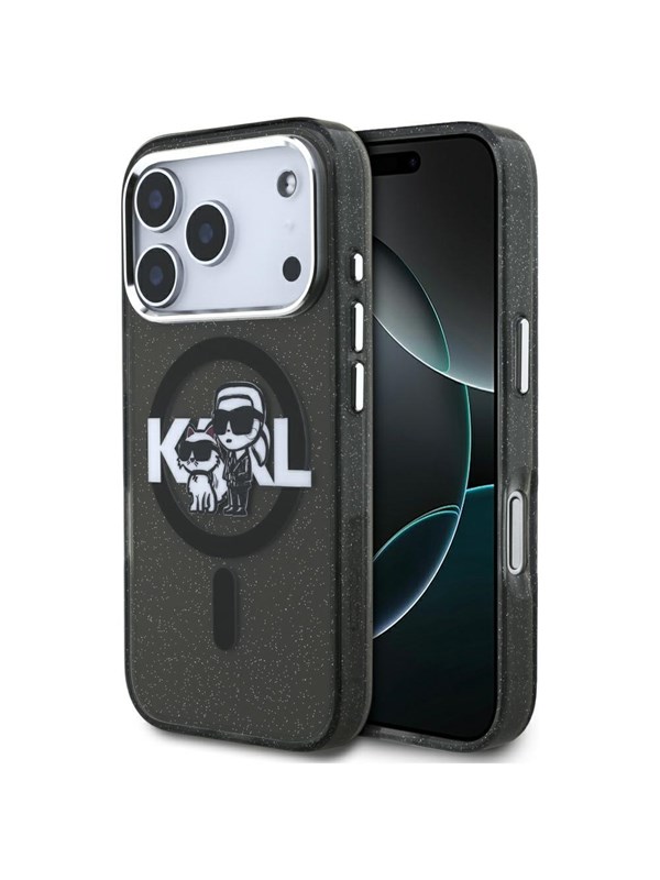 MagSafe Hülle für Apple iPhone 17 Pro, Karl Lagerfeld, IML Sketch Logo Glitter Karl & Choupette, Schwarz.