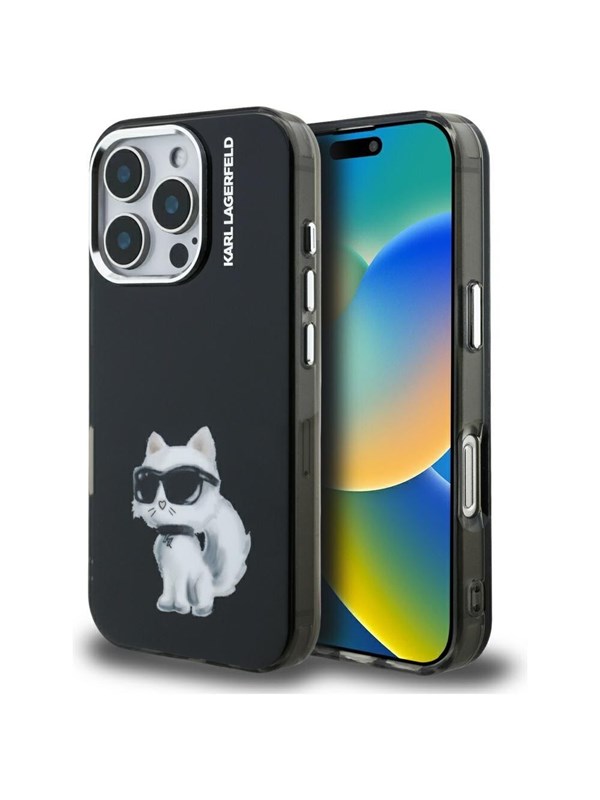 Hülle für Apple iPhone 16 Pro Max, Karl Lagerfeld, IML Aquarelle Logo Choupette, Schwarz