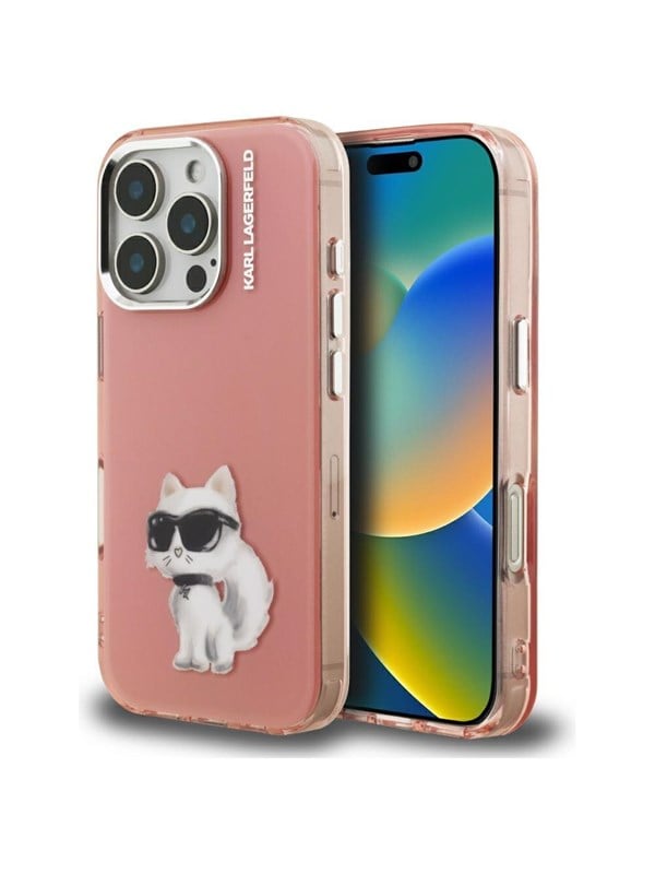Hülle für Apple iPhone 16 Pro, Karl Lagerfeld, IML Aquarelle Logo Choupette, Rosa