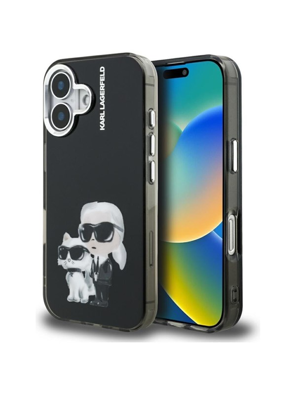Hülle für Apple iPhone 16, Karl Lagerfeld, IML Aquarelle Logo Karl & Choupette, Schwarz