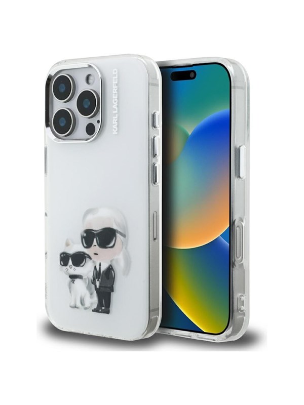 Hülle für Apple iPhone 16 Pro, Karl Lagerfeld, IML Aquarelle Logo Karl & Choupette, Weiß