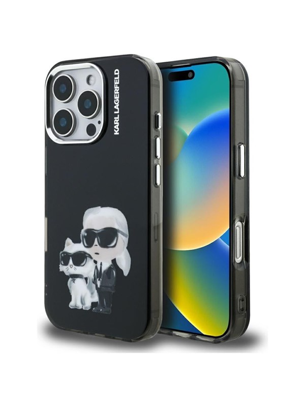 Hülle für Apple iPhone 16 Pro Max, Karl Lagerfeld, IML Aquarelle Logo Karl & Choupette, Schwarz