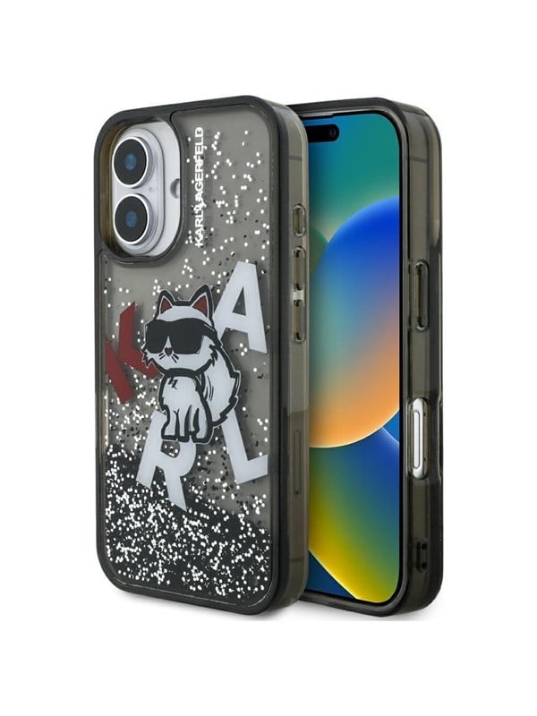 MagSafe Hülle für Apple iPhone 16, Karl Lagerfeld, Liquid Glitter Choupette Logo, Schwarz