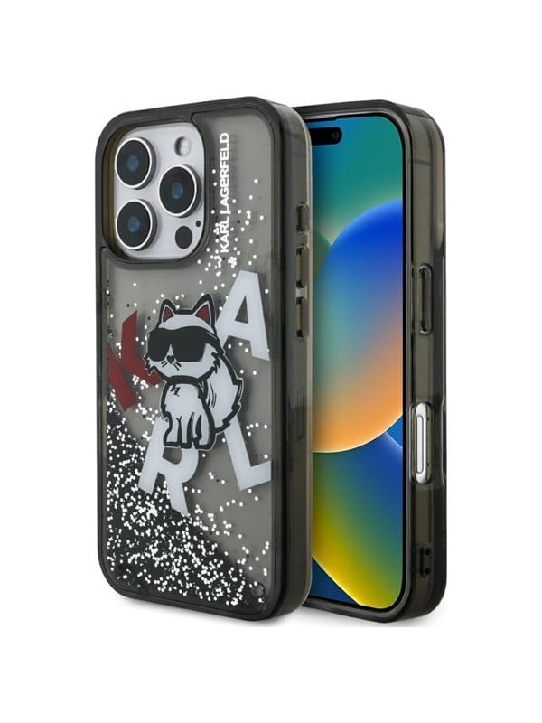 MagSafe Hülle für Apple iPhone 16 Pro, Karl Lagerfeld, Liquid Glitter Choupette Logo, Schwarz