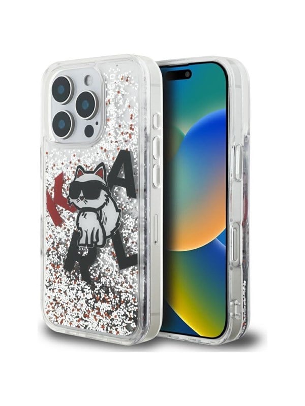 MagSafe Hülle für Apple iPhone 16 Pro Max, Karl Lagerfeld, Liquid Glitter Choupette Logo, Transparent