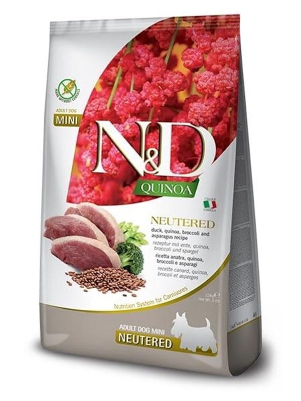 Farmina N&D Quinoa Dog Ente, Brokkoli, Spargel Neutered Adult Mini - Trockenfutter für Hunde - 2.5 kg