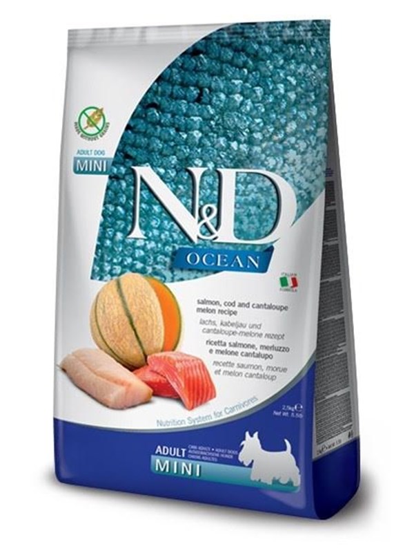 Farmina N&D Ocean Dog Lachs, Kabeljau, Cantaloupe, Melone Adult Mini - Trockenfutter für Hunde - 2.5 kg
