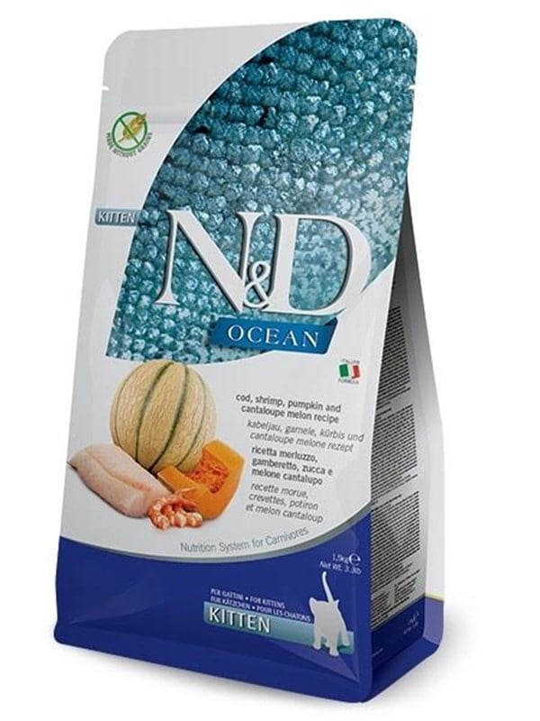 Farmina N&D Ocean Cat Kabeljau, Garnelen, Kürbis und Cantaloupe-Melone Kitten - Trockenfutter für Katzen - 1.5 kg