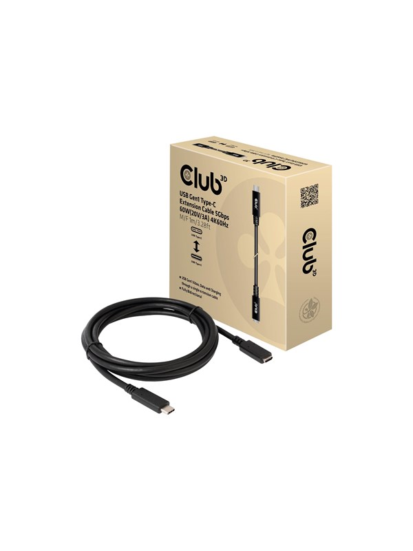 CLUB3D USB Gen1 Type-C Extension Cable 5Gbps 60W(20V/3A) 4K60Hz M/F 1m/3.28ft