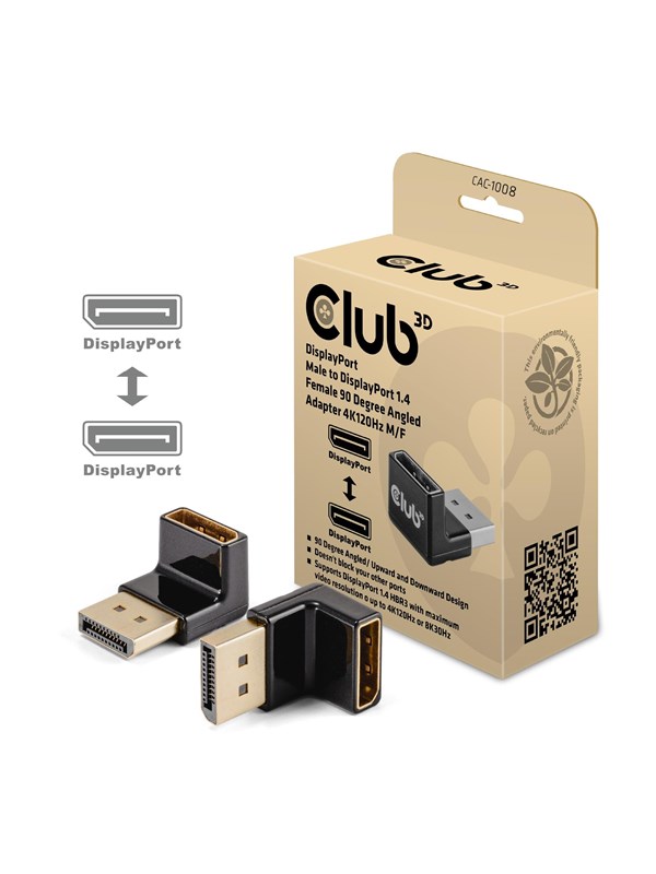 CLUB3D DISPLAYPORT MALE TO DISPLAYPORT 1.4 FEMALE 90 DEGREE ANGLED ADAPTER 4K120HZ M/F - Adapter