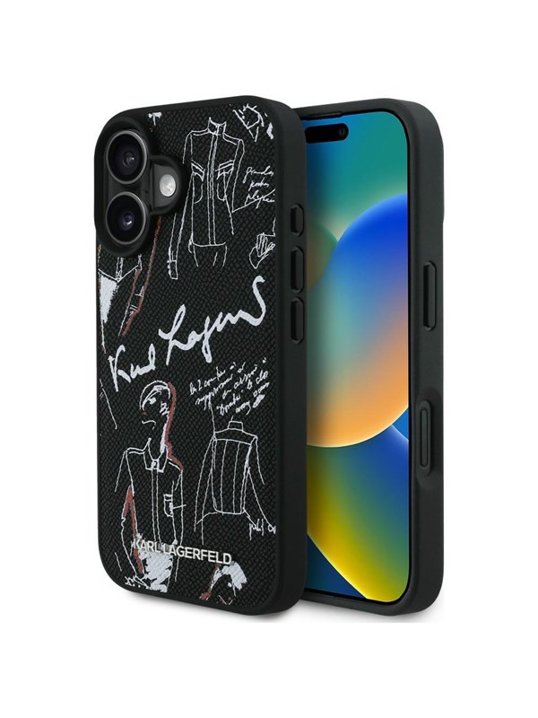 Karl Lagerfeld Grained Pattern  Logo MagSafe Case for iPhone 16 - Black