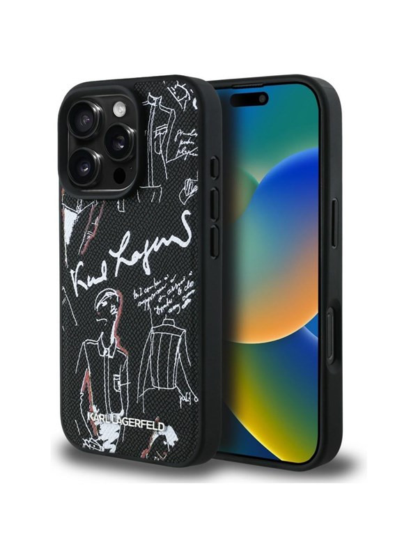Karl Lagerfeld Grained Pattern  Logo MagSafe Case for iPhone 16 Pro - Black