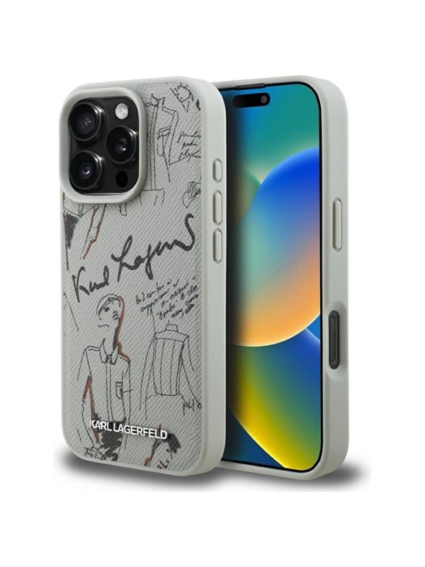Karl Lagerfeld Grained Pattern  Logo MagSafe Case for iPhone 16 Pro - Gray