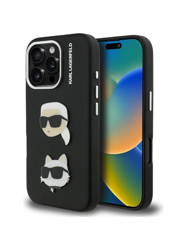 Karl Lagerfeld FW Grained Karl  Choupette Heads Pins Case for iPhone 16 Pro - Black