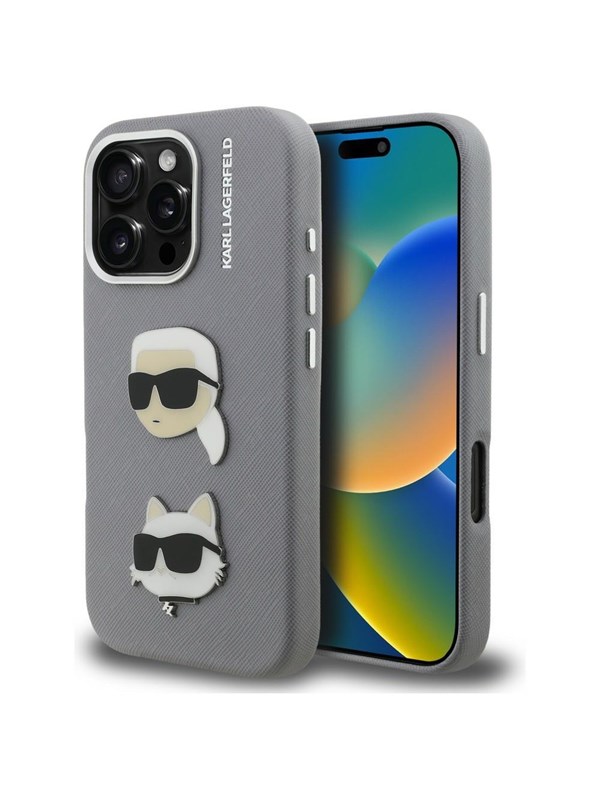 Karl Lagerfeld FW Grained Karl  Choupette Heads Pins Case for iPhone 16 Pro Max - Gray