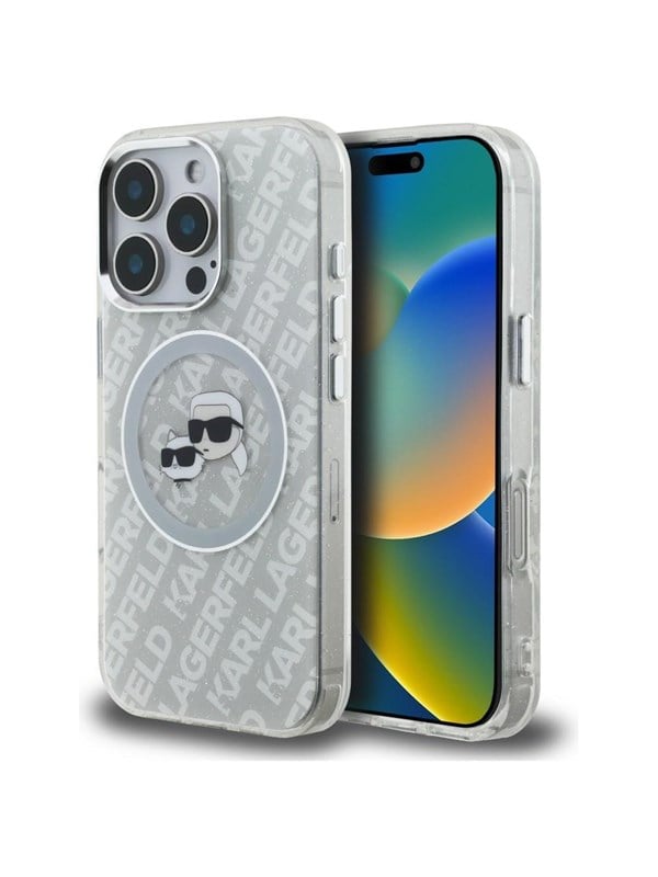 Karl Lagerfeld IML Glitter Karl  Choupette Heads Logo MagSafe Case for iPhone 16 Pro Max - Gray