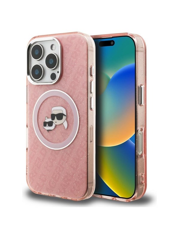 Karl Lagerfeld IML Glitter Karl  Choupette Heads Logo MagSafe Case for iPhone 16 Pro - Pink