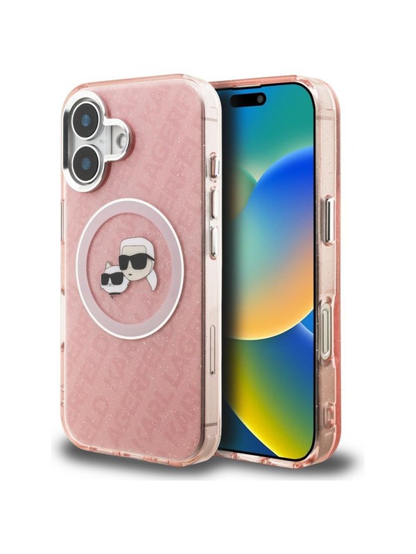 Karl Lagerfeld IML Glitter Karl  Choupette Heads Logo MagSafe iPhone 16 Case - Pink