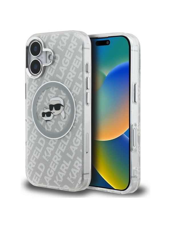 Karl Lagerfeld IML Glitter Karl  Choupette Heads Logo MagSafe iPhone 16 Case - Gray