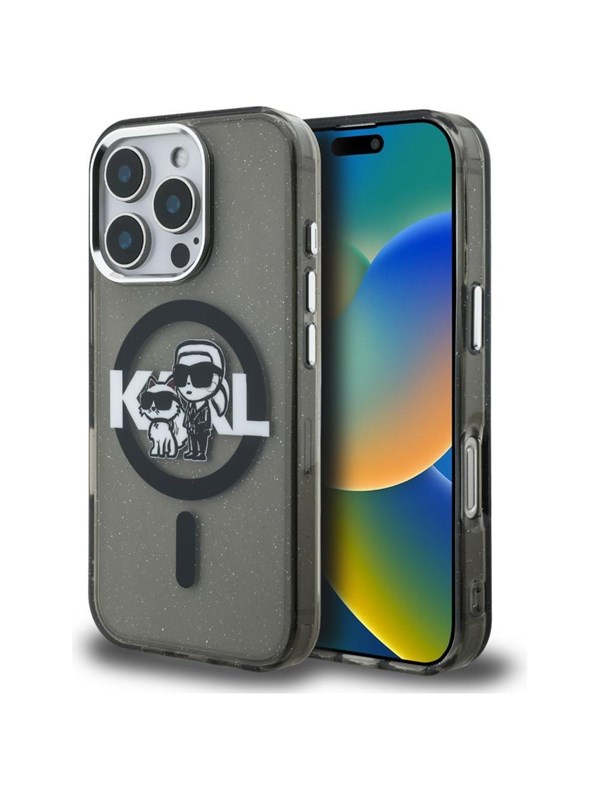 Karl Lagerfeld IML Glitter Karl  Choupette Sketch Logo MagSafe Case for iPhone 16 Pro - Black