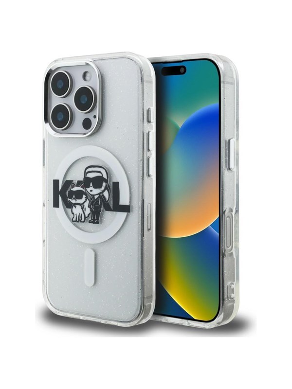 Karl Lagerfeld IML Glitter Karl  Choupette Sketch Logo MagSafe Case for iPhone 16 Pro Max - Clear