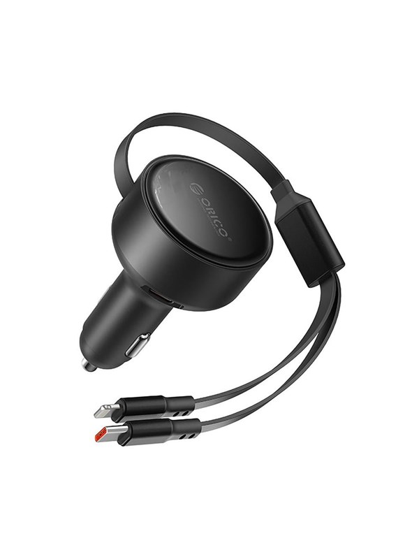 ORICO Dual Stretch 60W USB-C Car Charger with Two Retractable USB-C  Lightning Cables - Black
