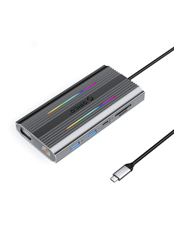 ORICO XCR 12in1 RGB USB-C Docking Station 3x USB-A USB-C PD 100W HDMI 4K VGA RJ45 Gigabit SD and microSD Card Reader - Gray USB-Hubs - USB 31 - 12 - Grau