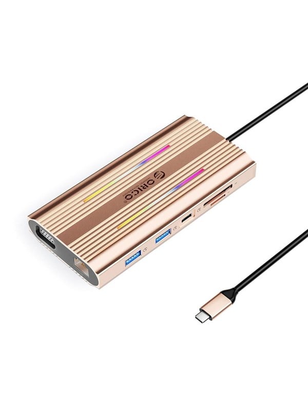 ORICO XDR 12in1 RGB USB-C Docking Station 3x USB-A USB-C PD 100W HDMI 4K VGA RJ45 Gigabit SD and microSD Card Reader - Rose Gold USB-Hubs - USB 31 - 12
