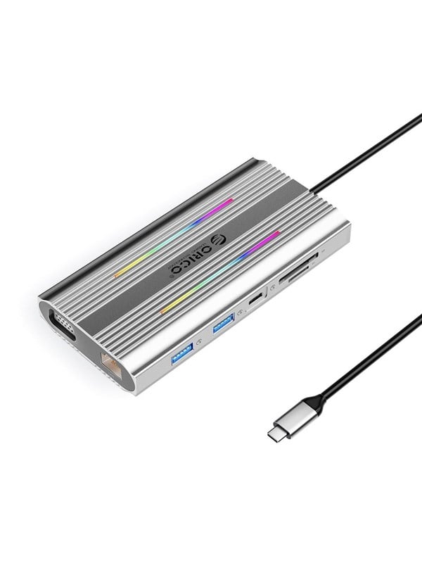ORICO XCR 12in1 RGB USB-C Docking Station 3x USB-A USB-C PD 100W HDMI 4K VGA RJ45 Gigabit SD and microSD Card Reader - Silver USB-Hubs - USB 31 - 12 - Grau