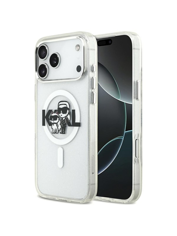 MagSafe Hülle für Apple iPhone 17 Pro Max, Karl Lagerfeld, IML Sketch Logo Glitter Karl & Choupette, Transparent