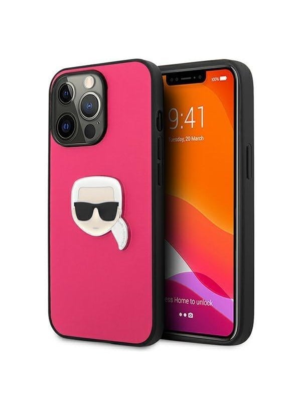 Image of Karl Lagerfeld Leather Ikonik Karl's Head Metal Case for iPhone 13 Pro / 13 6.1" - Pink