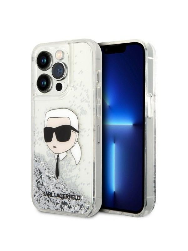 Hülle für Apple iPhone 14 Pro Max, Karl Lagerfeld, Glitter Karl's Head, Silbern