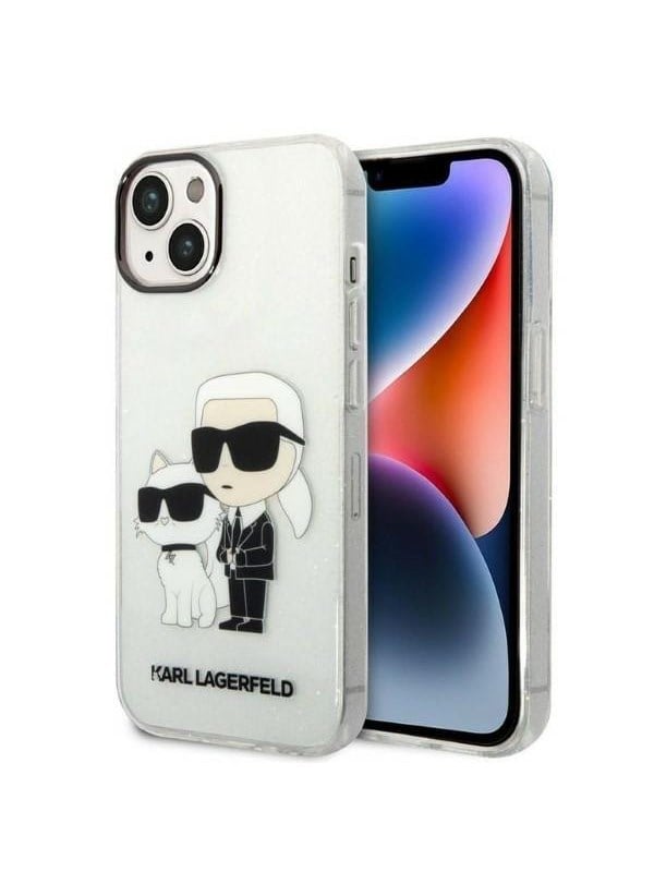 Hülle für Apple iPhone 14 Plus, Karl Lagerfeld, Glitter Karl & Choupette, Transparent