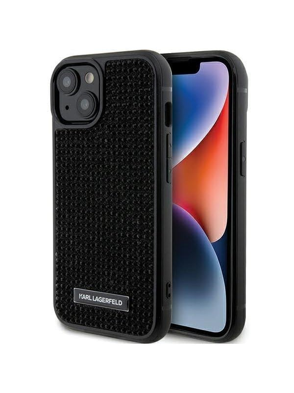 Karl Lagerfeld Rhinestone Logo Metal Plate case for iPhone 15 - black