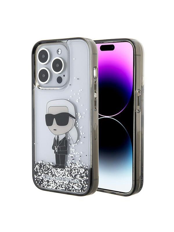 Hülle für Apple iPhone 15 Pro, Karl Lagerfeld, Liquid Glitter Ikonik Karl, Transparent