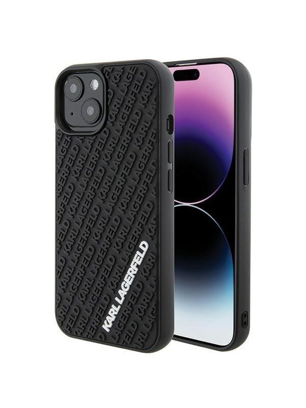 Hülle für Apple iPhone 15, Karl Lagerfeld, 3D Rubber Multi Logo, Schwarz