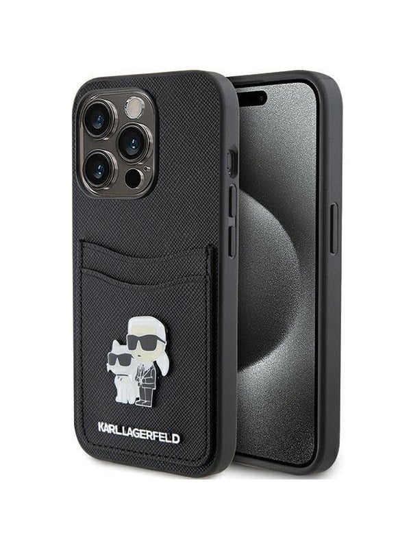 Hülle für Apple iPhone 15 Pro, Karl Lagerfeld, Saffiano Kartenfach Metall Karl & Choupette, Schwarz