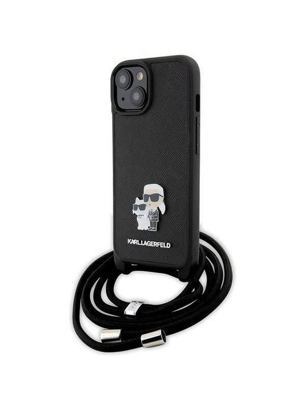 Hülle für Apple iPhone 15, Karl Lagerfeld, Saffiano Crossbody Metal Pin Karl & Choupette, Schwarz