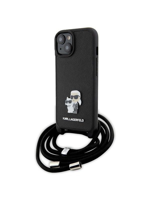 Hülle für Apple iPhone 15 Plus, Karl Lagerfeld, Saffiano Crossbody Metal Pin Karl & Choupette, Schwarz
