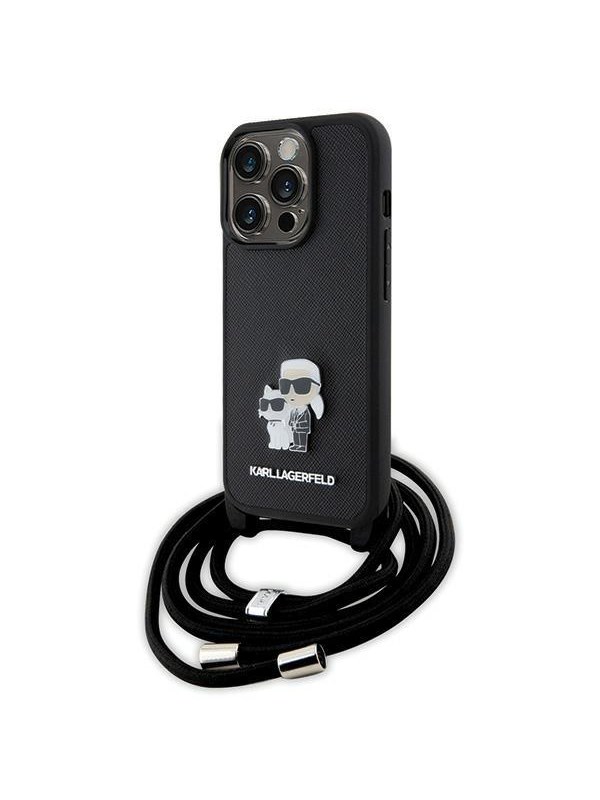 Hülle für Apple iPhone 15 Pro, Karl Lagerfeld, Saffiano Crossbody Metal Pin Karl & Choupette, Schwarz