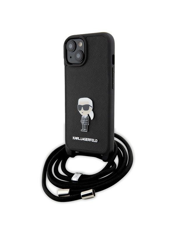 Karl Lagerfeld Crossbody Saffiano Monogram Metal Pin Karl & Choupette Case for iPhone 15 - Black